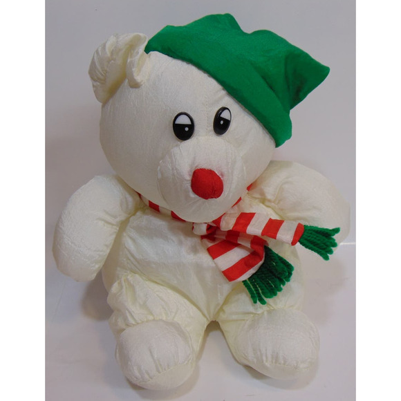 Vintage Christmas Bears Teddy Silk Hat Scarf White Brown Red Nose Plastic Eyes - Picture 3 of 9